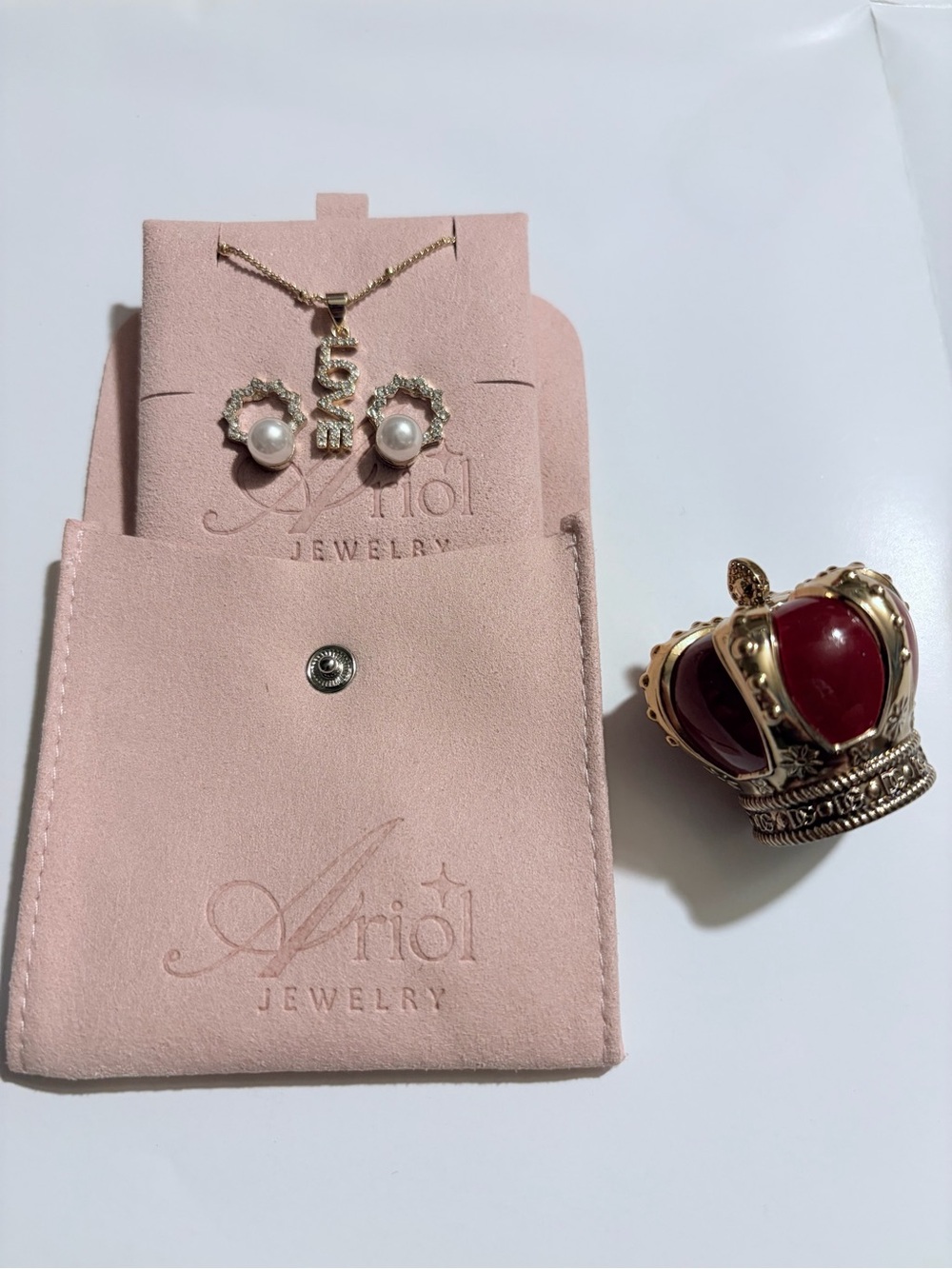 Ariol Gold-Tone Pearl Flower Earrings & 'Love' Pendant Necklace - Pink & Gold